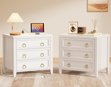 Paint Night Stand with Charger Station and USB-C Port, 3 Drawer Nightstands Set of 2, Larger Wider Bedside Table