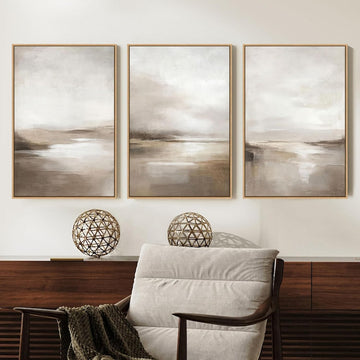 Neutral Abstract Framed Wall Art - Minimalist Modern Nordic Calm Canvas Print Set, Landscape Shapes Earth Tone