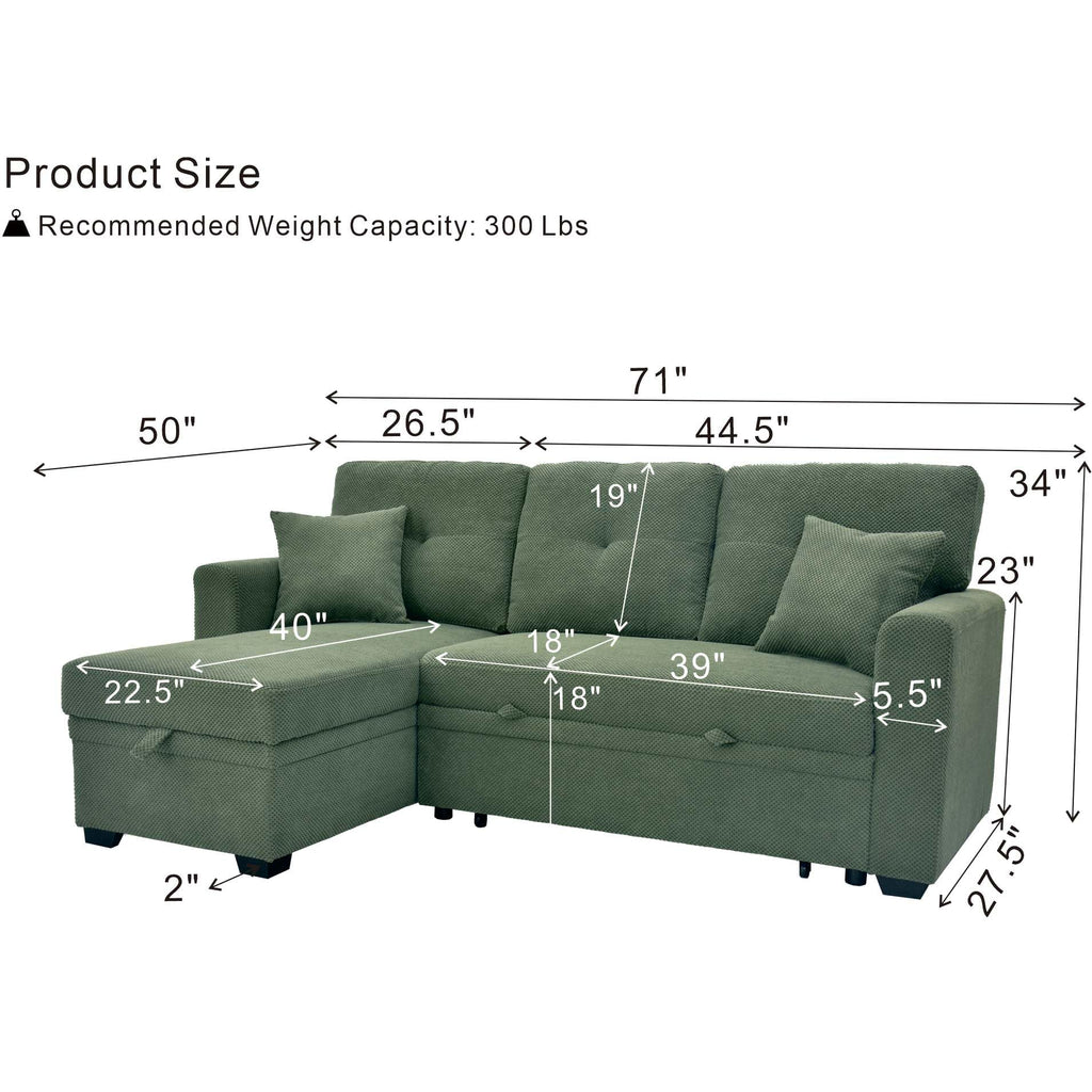 71" Sectional L Shaped Pull Out Sofa Bed, Sleeper Sofa with Reversible Chaise, 3 Seater Modular Sectional Sofa with
