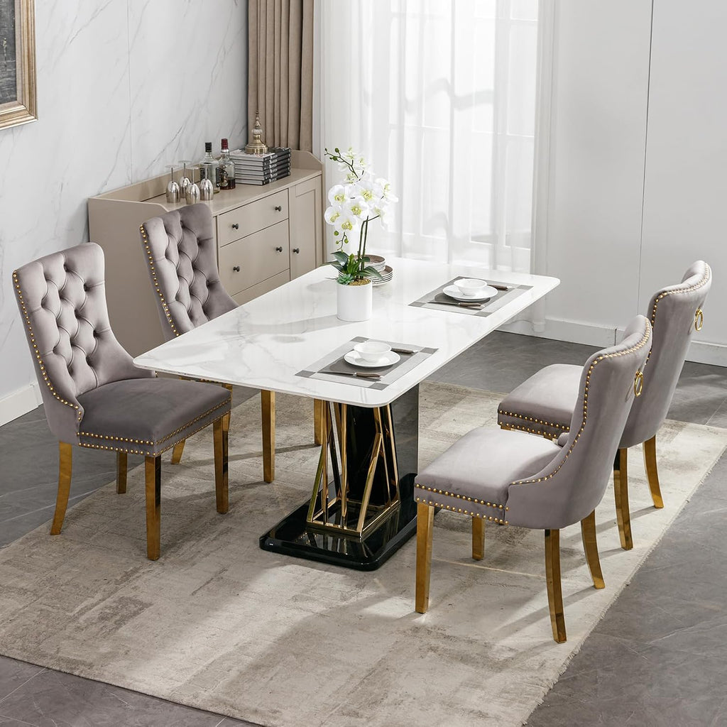 Grey Velvet Dining Chairs Set of 4, Upholstered Tufted Kitchen Chairs with Gold Legs, Mid Century Modern Dining Room