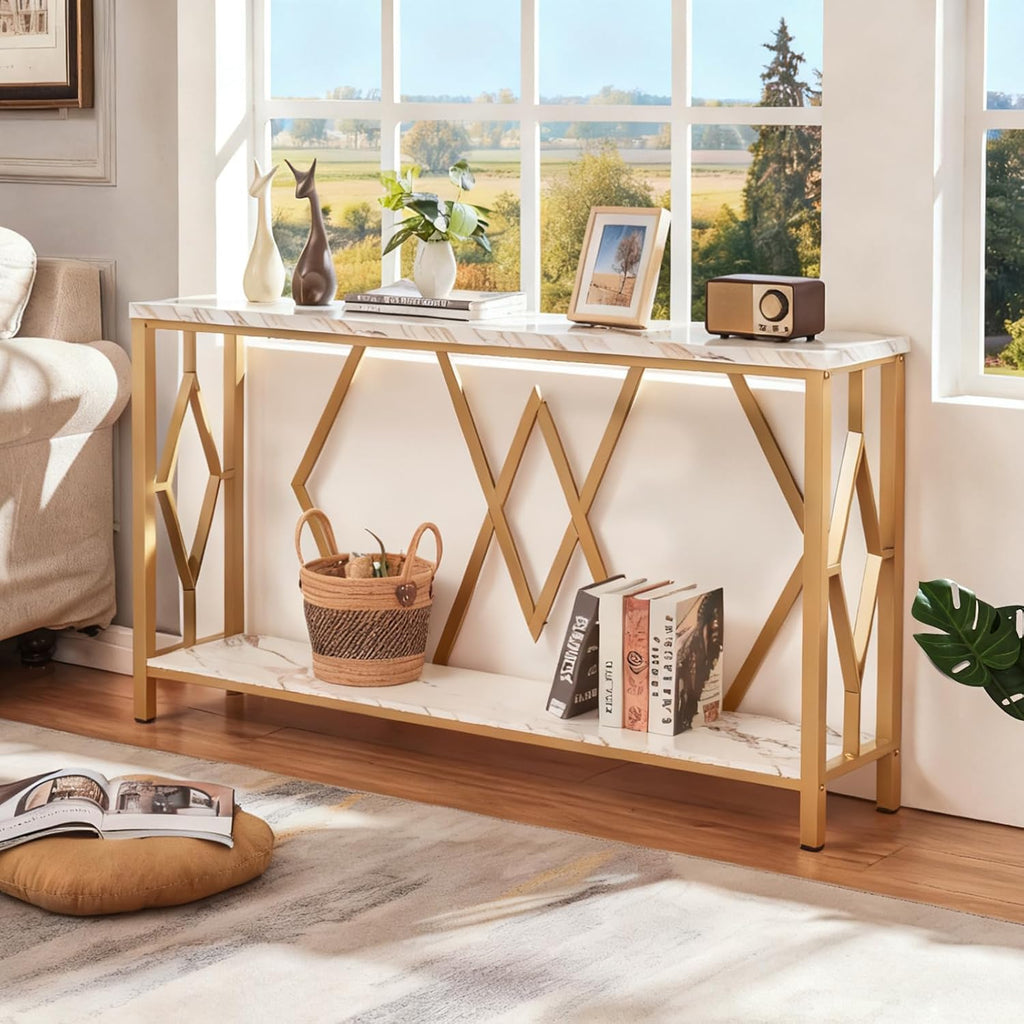 55 Inch Modern Entryway Console Table, White & Gold Faux Marble Top Engineered Wood Sofa Table with 2-Tier Open