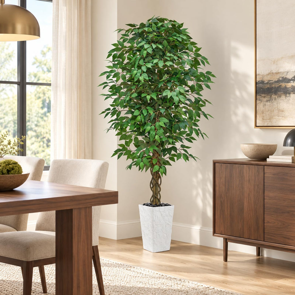 Artificial Ficus Tree 7FT, Large Fake Tree Decor (White Planter)