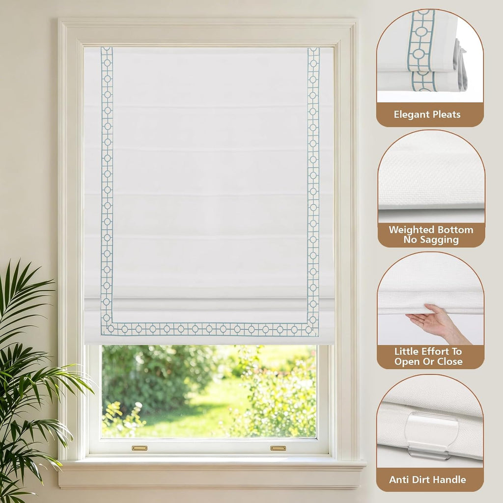 Cordless Roman Shades, Blackout Roman Shades, White Embroidered Blue Border Window Shades for Windows, Doors, Kitchen