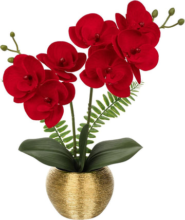 13" Small Artificial Orchid Flowers in Gold Ceramic Pot, Red Faux Phalaenopsis Silk Orchid Arrangement Vanity Bedroom