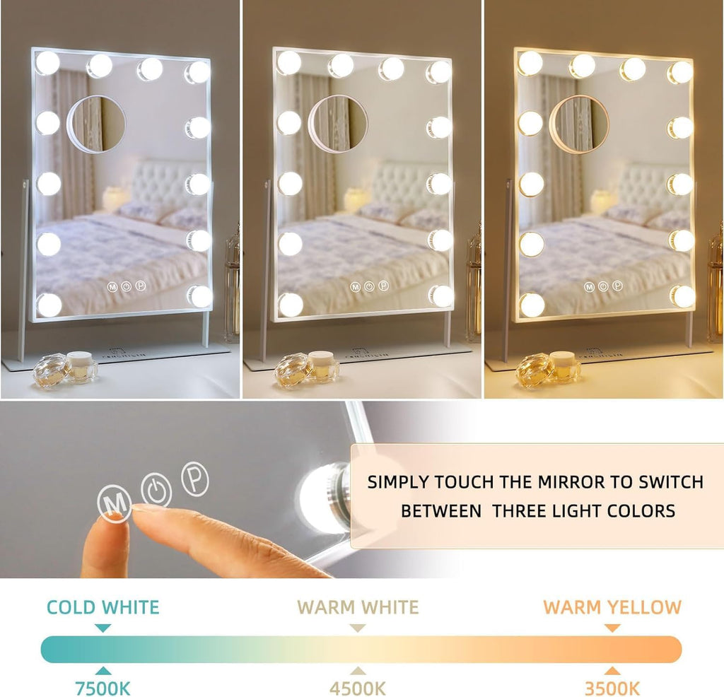 Vanity Mirror with Lights, 19''x12'' Makeup Hollywood Mirror for Desk with 12 Bulbs Light Smart Touch Control 3 Colors