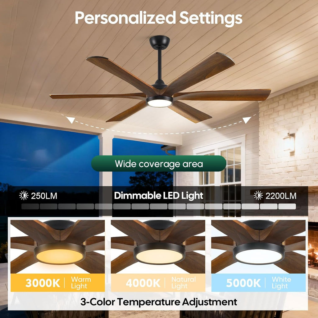 72 Inch Smart Outdoor Ceiling Fan with Light, Alexa/Wifi/Remote Control, 6 Solid Wood Blades Damp Rated