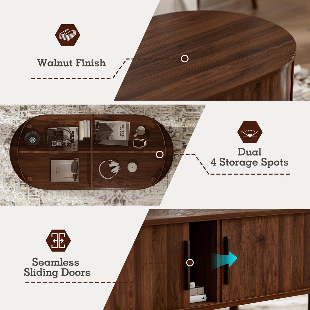 Oval Coffee Table with Sliding Doors, Mid-Century, Walnut
