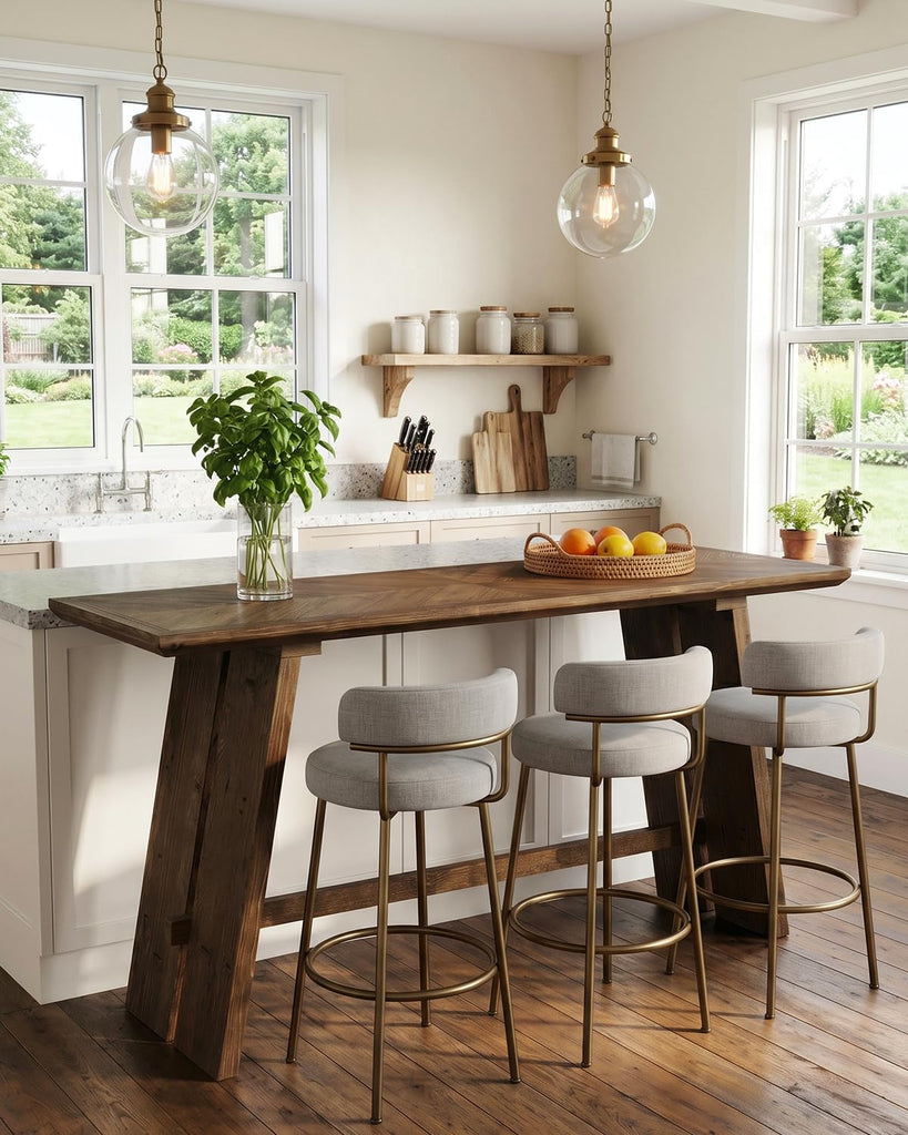 Solid Wood Bar Table, 61" Counter Height Table with Parquet Design Tabletop, Modern Farmhouse Kitchen Bar Table