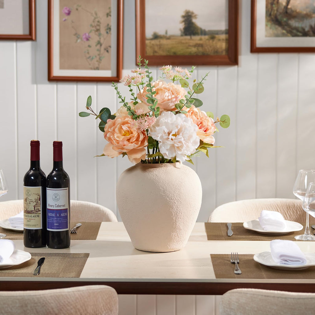 Artificial Peony Flowers with Handmade Ceramic Vase