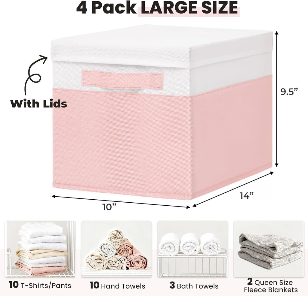 Large Closet Organizer Bins with Lids 4 Pack - 23 QT Collapsible Decorative Storage Boxes with Lids - Clothes Storage