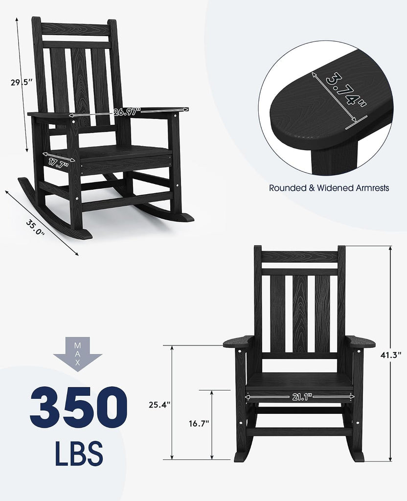 Oversized Outdoor Rocking Chair Set of 2, HDPE Patio Rockers, Black | | All-Weather Patio Rocking Chairs for Porch |