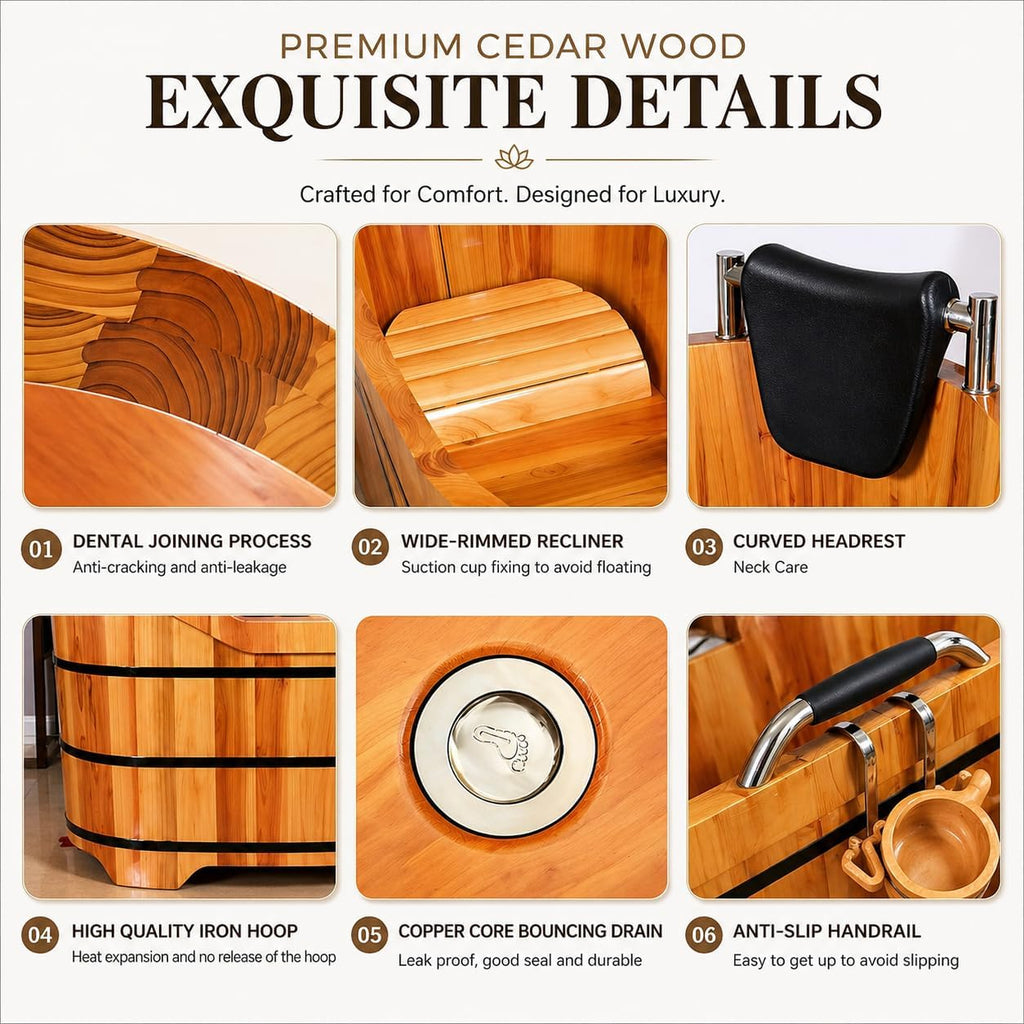 Cedar Wood Soaking Tub for Adults, Freestanding Wooden Bathtub with Lid & Steamer, Deep Japanese Style Bath Tub with