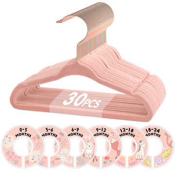 Velvet Baby Hangers with 6 Pcs Size Dividers, 11 Inch, Pink, 30 Pcs