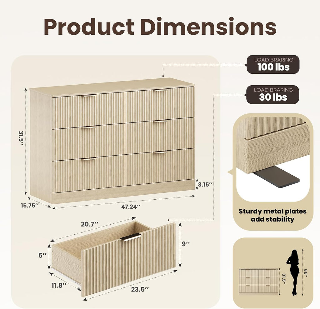 Modern Fluted 6 Drawer Dresser, Wide Wooden Storage Cabinet with Metal Handles, Silent Glide Drawers, Anti-Tip Chest