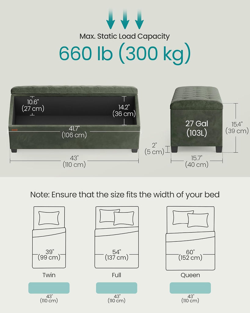Velvet Storage Ottoman Bench, Foot Rest with Legs, 15.7 x 43 x 15.7 Inches, End of Bed Bench, Storage Chest, Load up