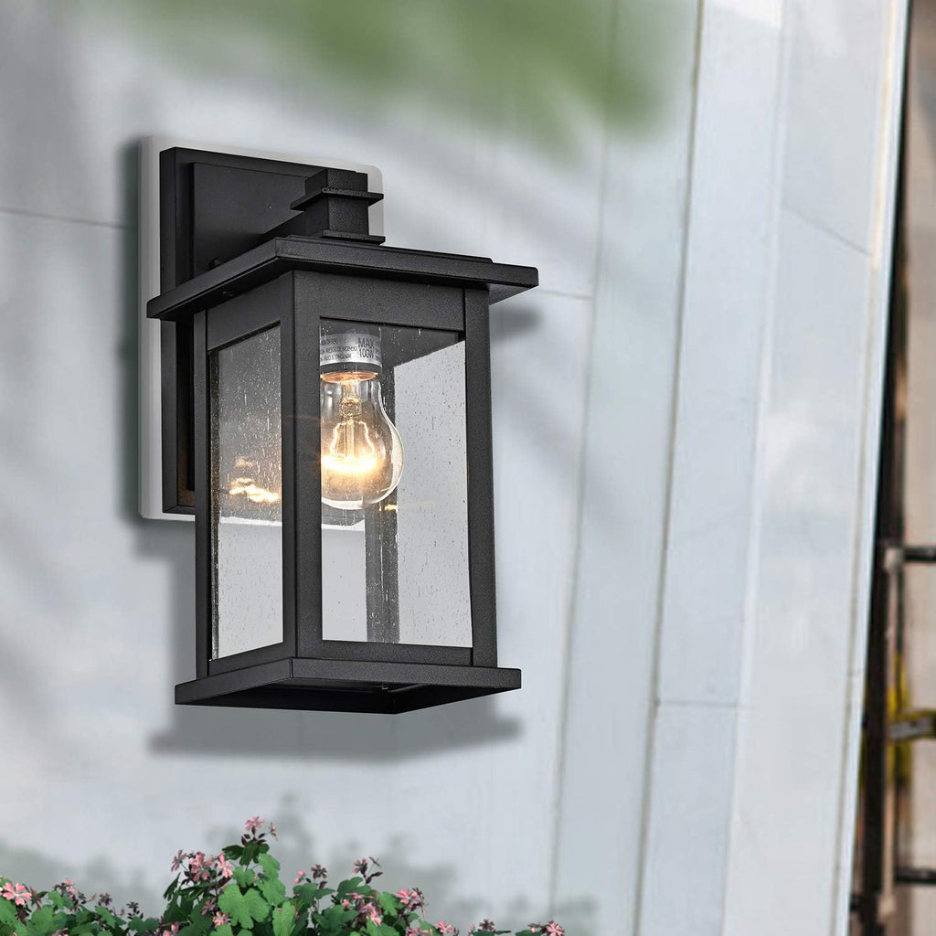 2-Pack Black Outdoor Wall Sconce, 12-Inch Modern Square Exterior Light Fixtures with Clear Seedy Glass