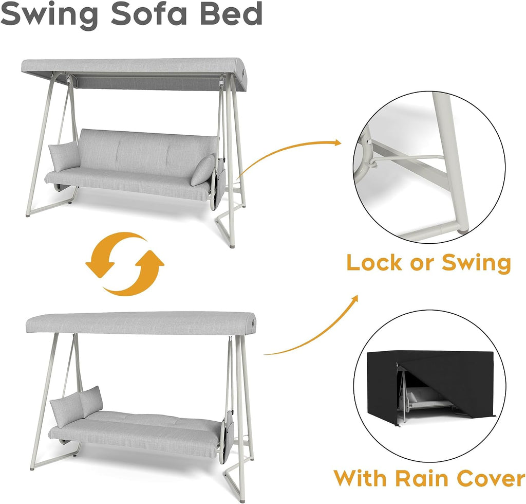 Porch Swing Sofa Bed with Stand and Canopy, Outdoor 3-Seat Bench Swing Heavy Duty, Patio Extra Large Swing Bed with