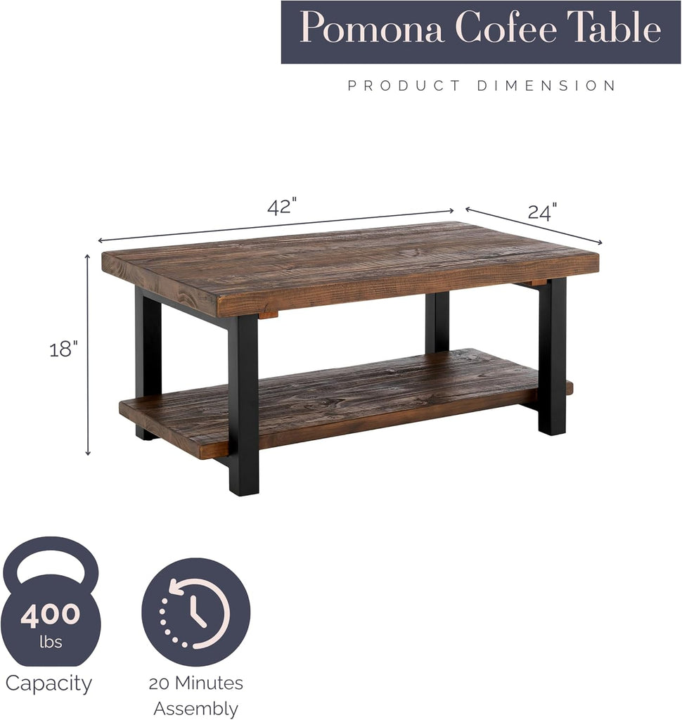 Pomona Living Room Collection - 42 Inch Rectangular Solid Wood Coffee Table with Storage Shelf & Metal Legs