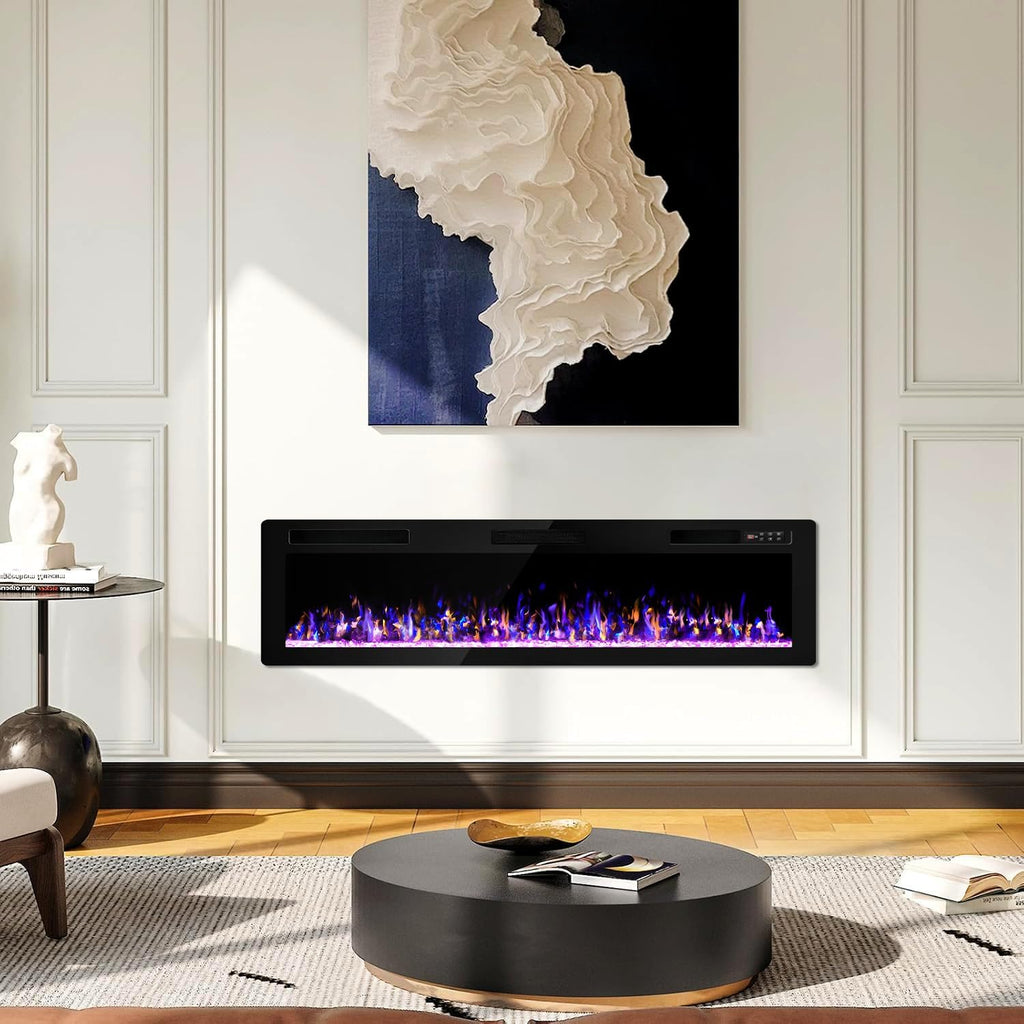 72 Inch Ultra Thin Electric Fireplace-Narrow Bezel Linear Fireplace Heater Recessed Wall Mounted