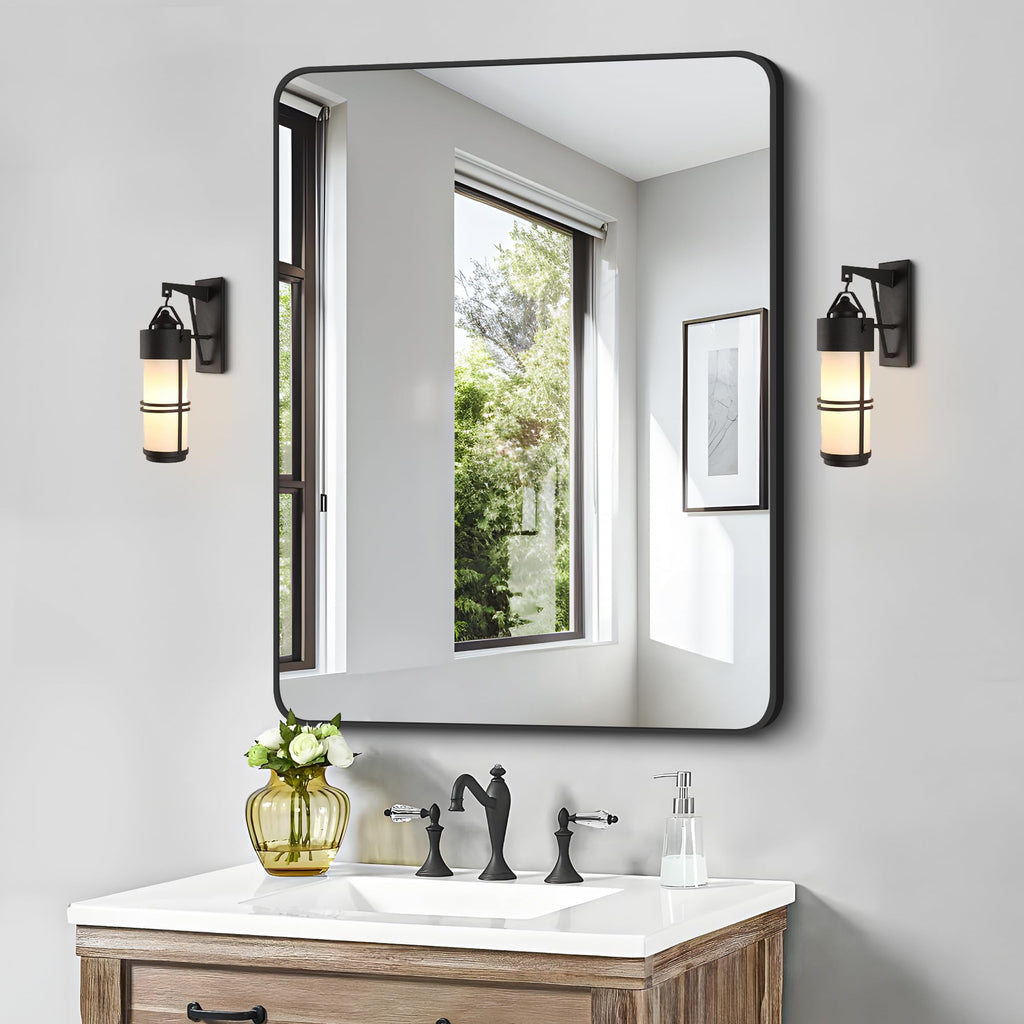 Bathroom Mirror 30" X 40", Large Rectangular Wall Mirror, Black Metal Framed Rounded Corner Wall Mounted Mirror