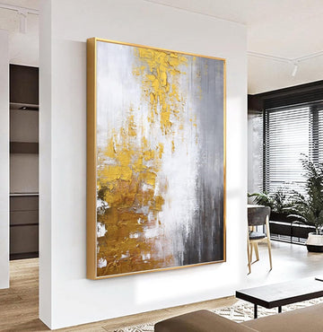 Hand-Painted Black and White Abstract Oil Painting on Canvas for Entrance-Hall, Framed Gold Wall Art ,Large 3D Wall