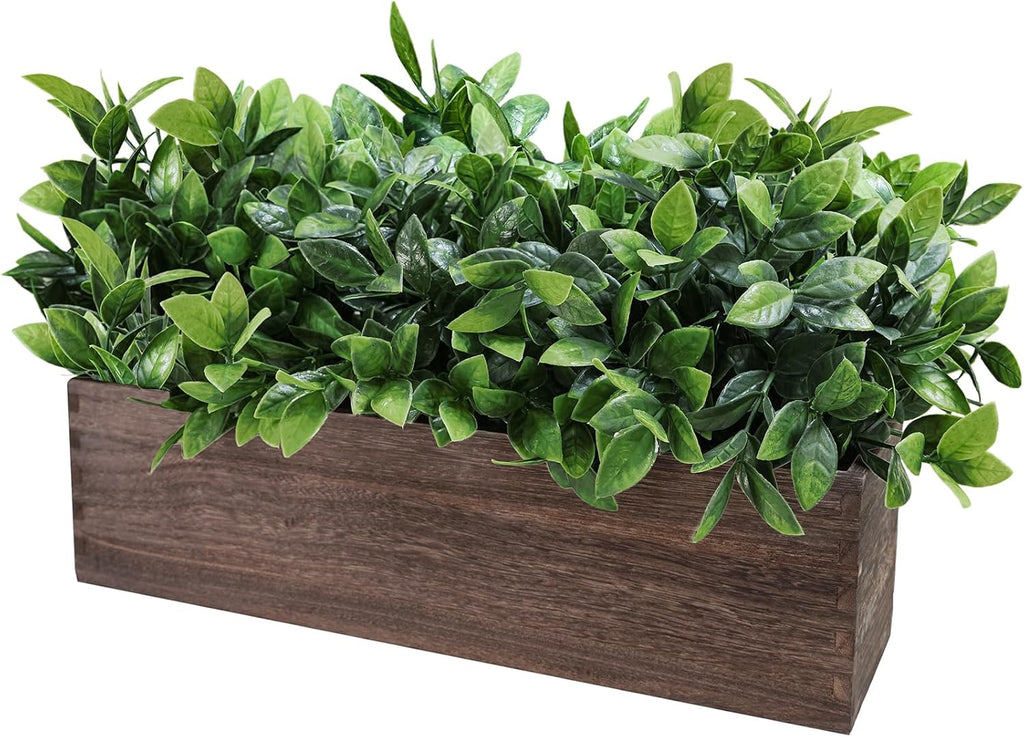 14" Artificial Boxwood Plants in Rectangular Wood Planter Farmhouse Greenery Arrangement Centerpiece Faux Potted Herb
