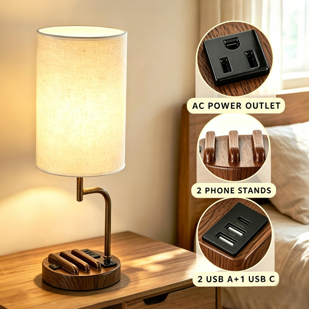 2 Pack Table Lamp, Bedside Lamp with 3 USB Charging Ports & AC Outlet, USB Desk Lamp with 2 Phone Holders, Linen
