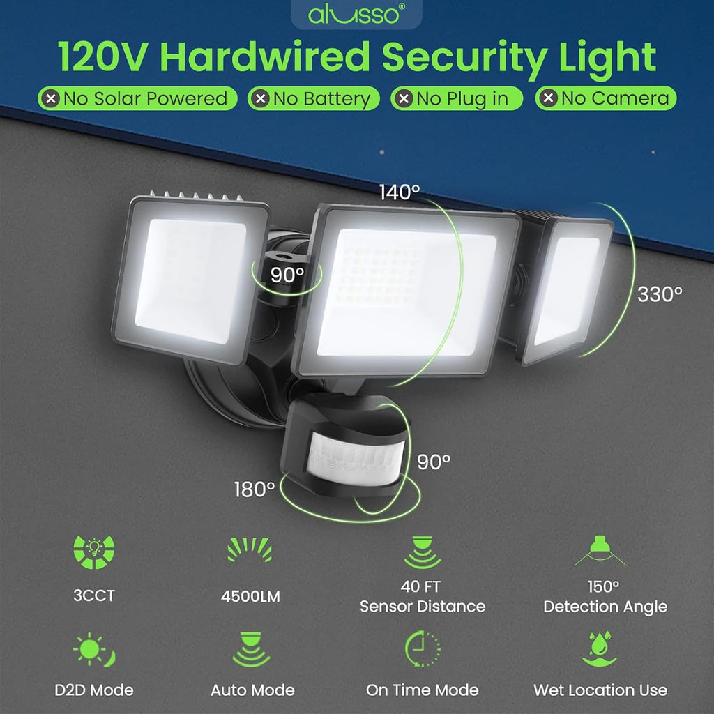 Motion Sensor Outdoor Lights Hardwired(Not Solar),40W 4500LM Flood Lights Outdoor 120V, 3CCT 3000K/4000K/6500K, 3