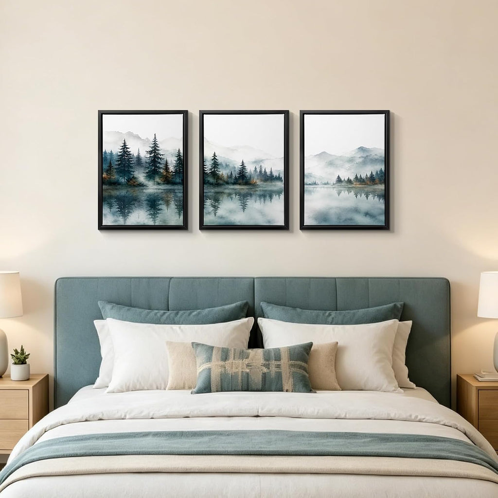 Framed Nature Mountain Wall Art, 3 Piece Forest Watercolor Canvas Prints, Misty Lake Landscape Pictures Bedroom