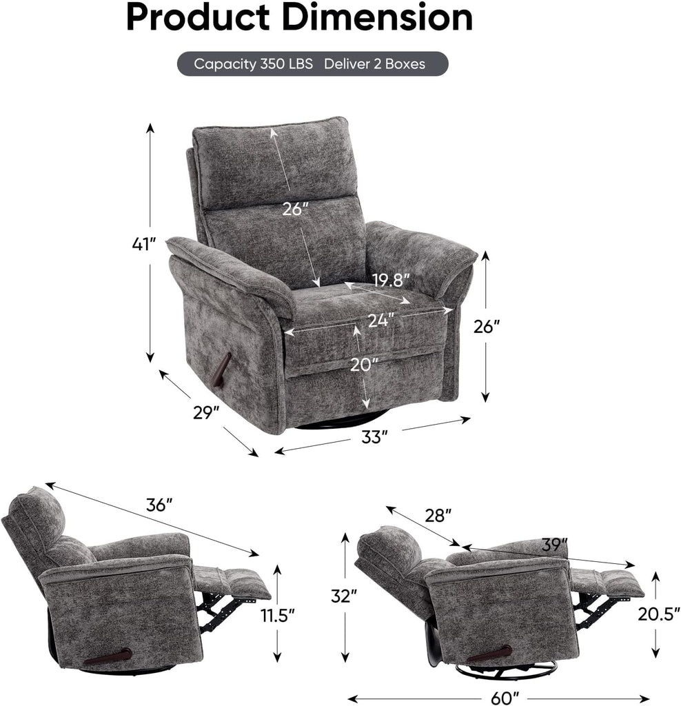 Oversized Glider Rocker Recliner, 24" Extra Wide 360° Swivel Nursery Recliner with Adjustable Headrest, Chenille