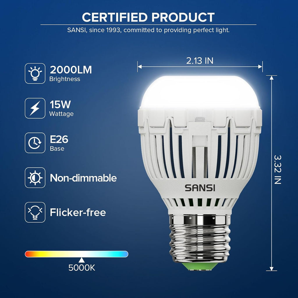 130W Equivalent A15 LED Light Bulb, 2000 Lumens 5000K Daylight White Bulb, Energy Saving 25,000 Hours Lifespan Non (4-Pack)