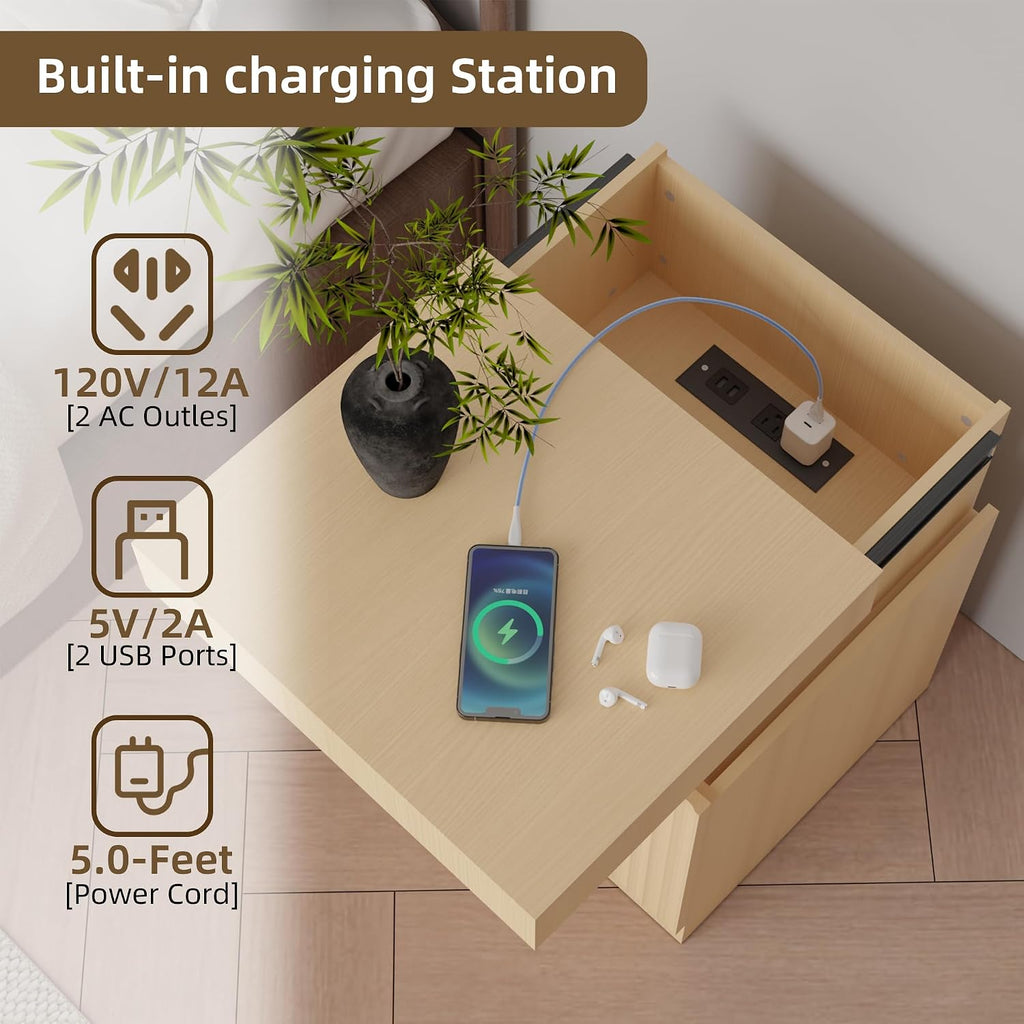 Wooden Nightstand with Charging Station & LED Lights, Modern Fluted Bedside Table with Sliding Top & Drawers