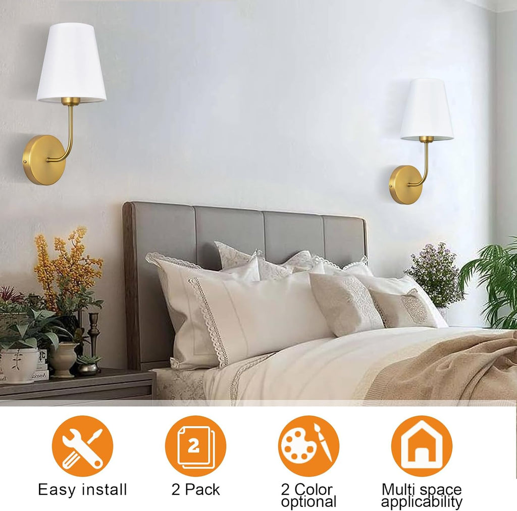 Antique Brass Hardwired Wall Sconce Set of 2 - Gold Finish with White Fabric Shades，Bedroom Lighting, Living Room