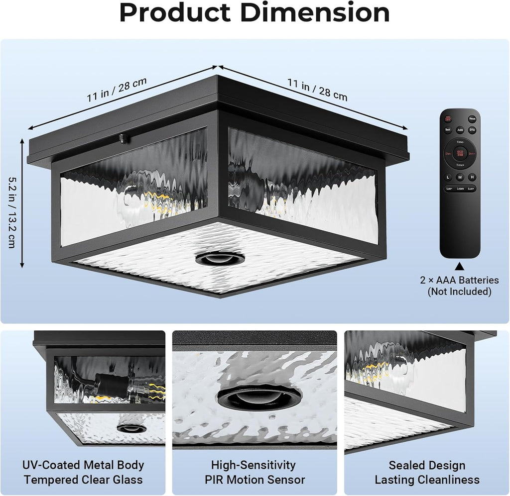 Black Motion Sensor Outdoor Ceiling Light with Remote Control, Flush Mount Ceiling Lighting for Porch, Garage