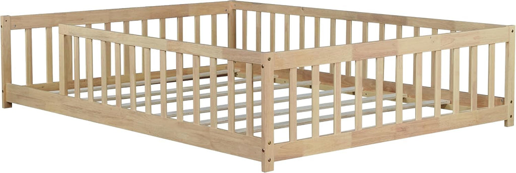 Full Size Montessori Bed Frame with Fence,Solid Wood Floor Bed with Slats for Kids,Boys,Girls,No Box Spring