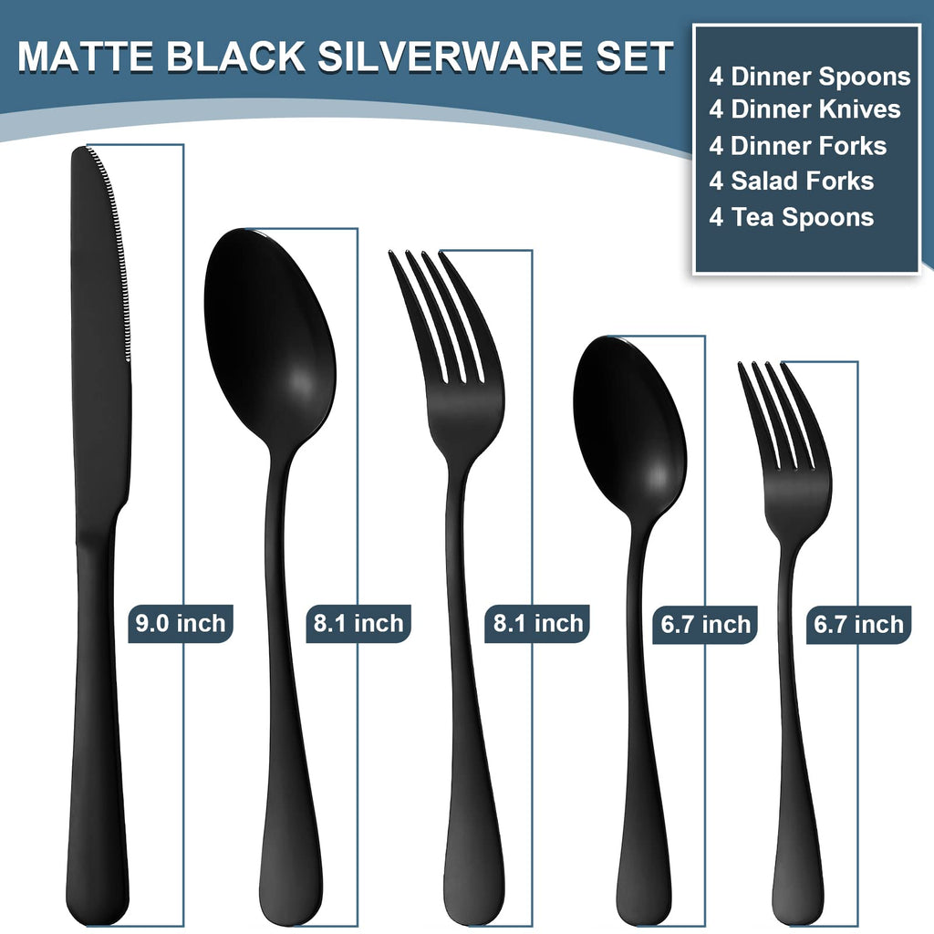 Matte Black Silverware Set for 4, Flatware Cutlery Set 20 Piece