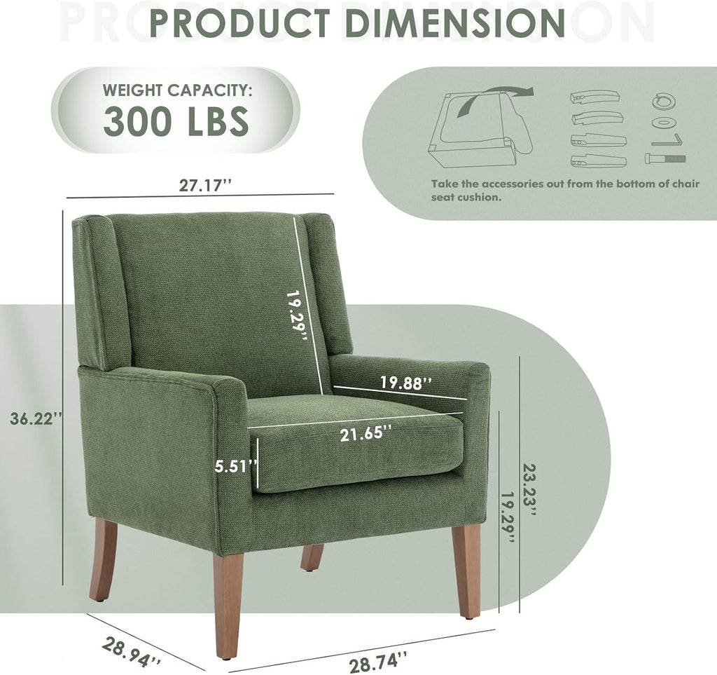 Modern Wingback Living Room Chair, Upholstered Fabric Accent Armchair, Single Sofa Chair with Lounge Seat and Wood