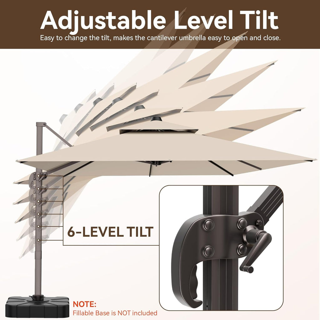 10x13 FT Patio Umbrella, Large Cantilever Rectangular Double Top Heavy Duty Offset Umbrellas with 360° Rotation