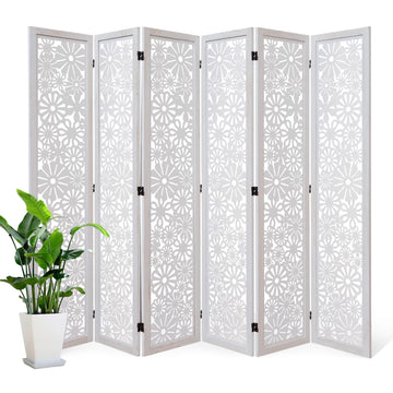 Folding Wood Room Divider Panel, 67 Inch Tall Daisy-Carved Privacy Screen - No-Assembly Required, Decorative Flower