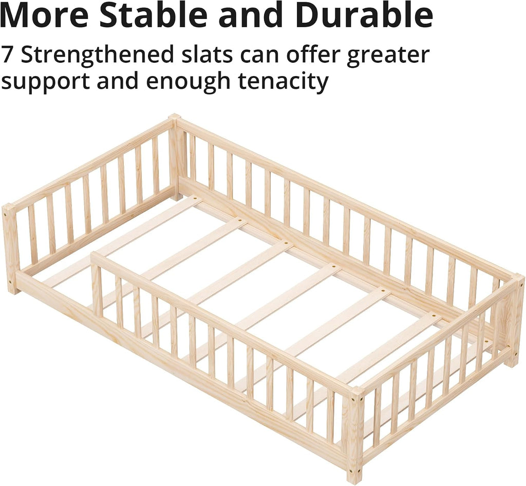 Twin Floor Bed for Kids Solid Wood Montessori Bed Frame with Safety Guardrails Multifunctional Montessori Floor Bed