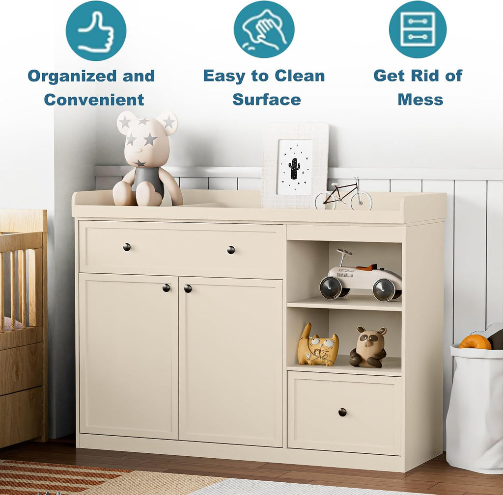 Wide Changing Table with 2 Doors, 2 Different Size Drawer&Storage Cubbies, Durable Wood Construction, Built-in