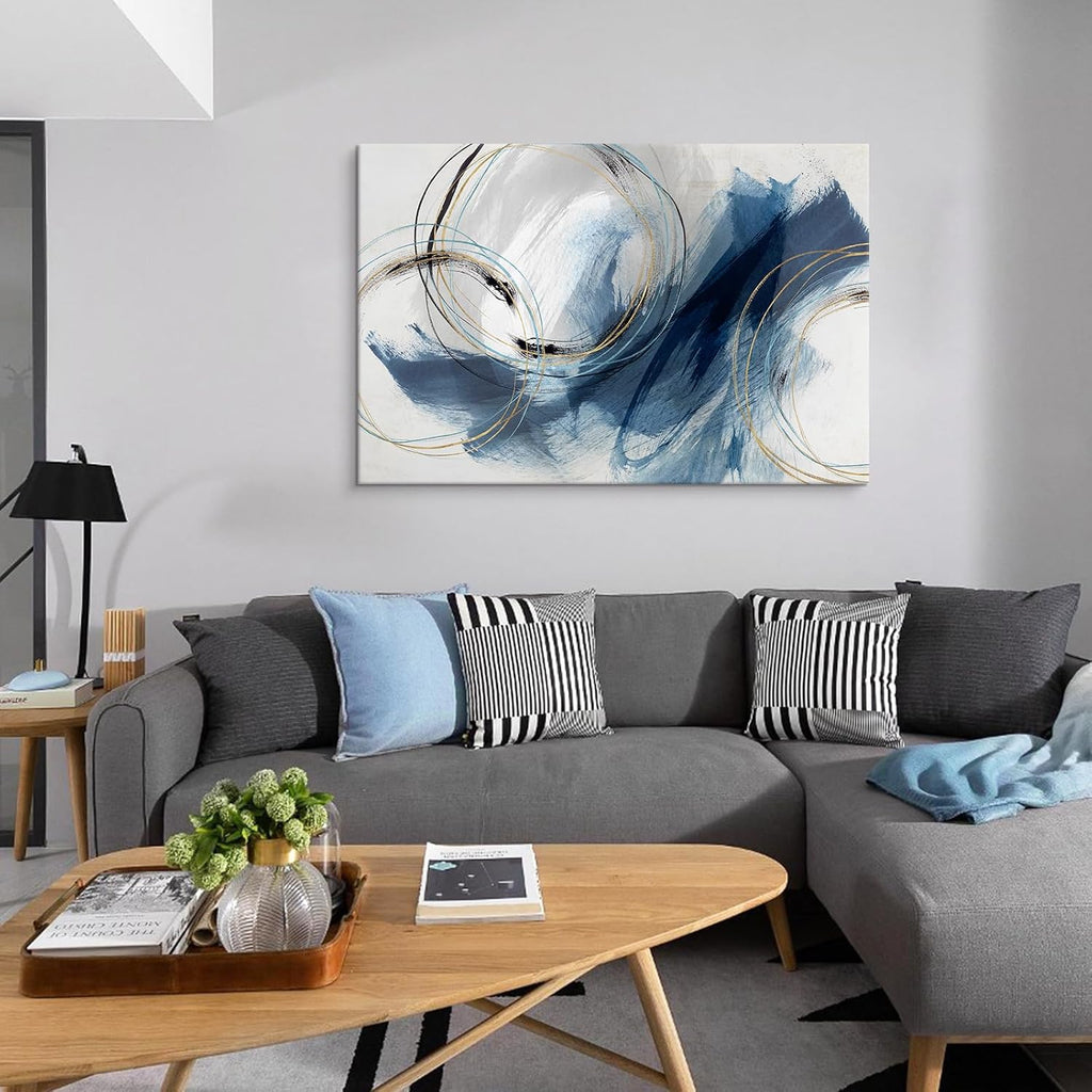 Indigo Blue and Gold Wall Decor Abstract Wall Art Paintings Gray Canvas Pictures Fantasy Graffiti Framed Artwork