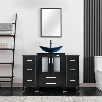48" Modern Bathroom Vanity Sink Combo Freestanding Cabinet with Small Side Cabinet, Blue Boat Glass Vessel Sink
