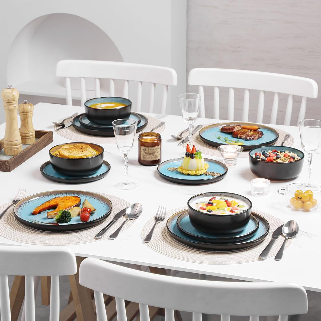 Plates and Bowls Sets, 18 Pieces Stoneware Dinnerware Sets for 6