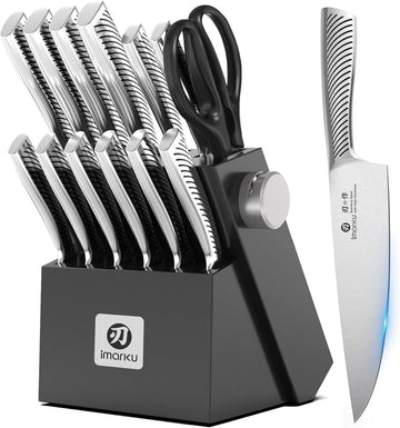 14 Pcs High-Carbon Stainless Steel Kitchen Knife Set Black | 56±2 HRC Hardness | Build-in Sharpener | Full Tang