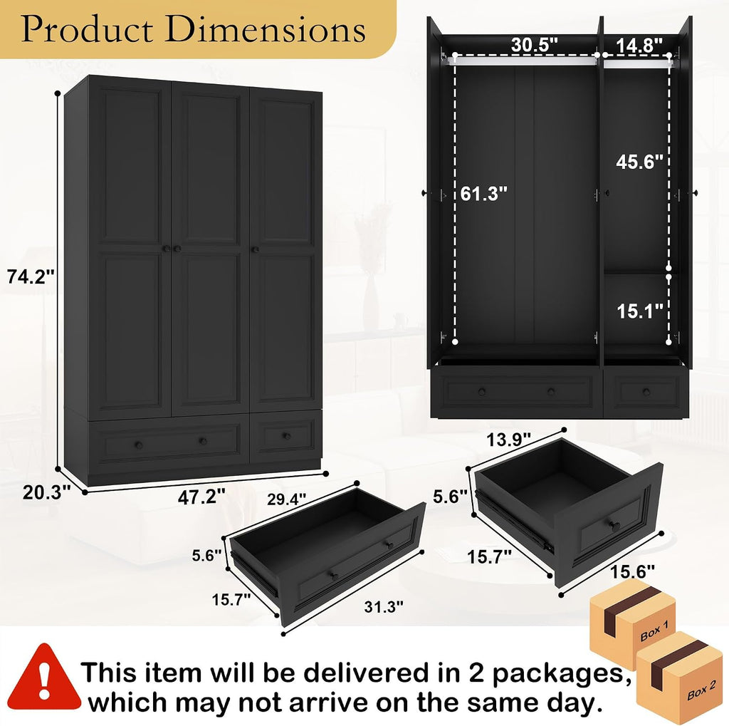 Armoire Wardrobe Closet with Drawers: 47" Black Wardrobe Closet with 3 Doors and 2 Drawers, Wood Clothes Armoire with