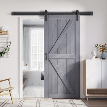 36in x 84in Gray Wood Barn Door Slab with 6.6ft (79inch) Barn Door Hardware Track Kit Included, Doub