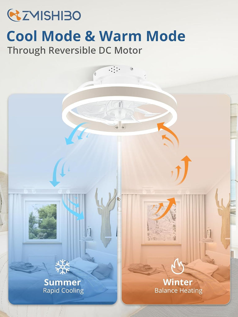 Low Profile Ceiling Fans with Lights and Remote, 13 Inch Fandelier Ceiling Fan with Light, White Modern Flush Mount Ceiling Fan, Small Dimmable LED Fan Lights for Bedroom