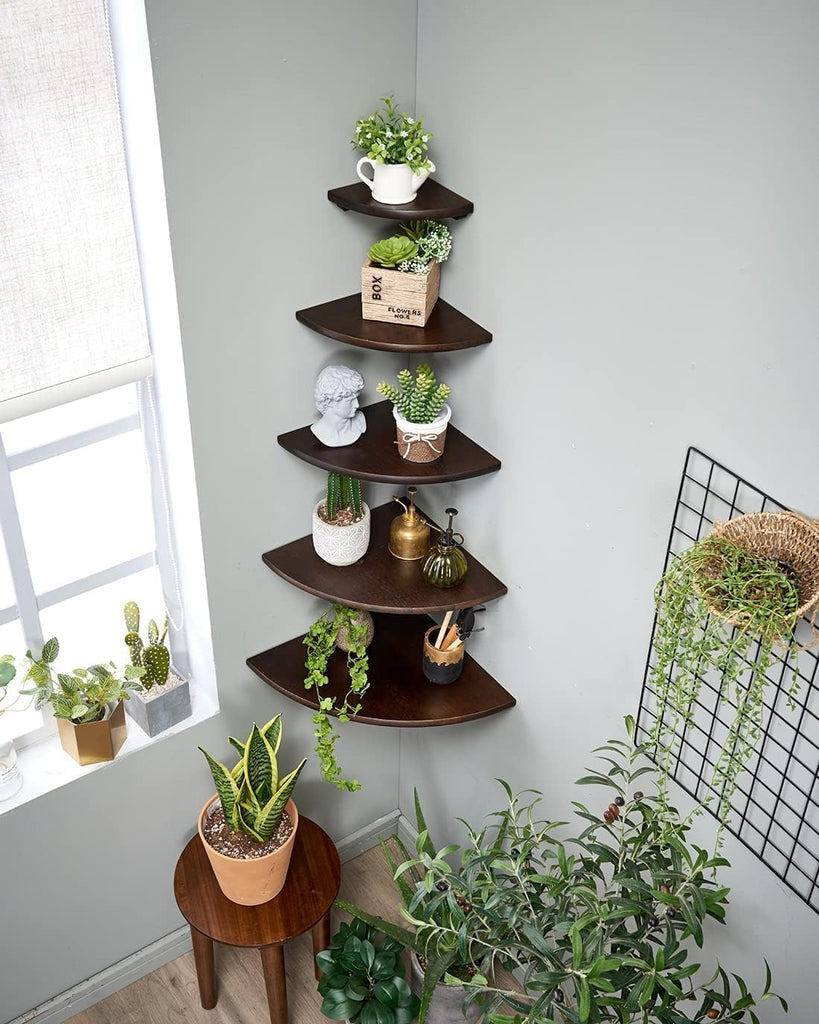 Corner Shelf, Solid Oak Wood Floating Corner Shelf Wall Mount Round End Floating Speaker with Wire Hole for Small
