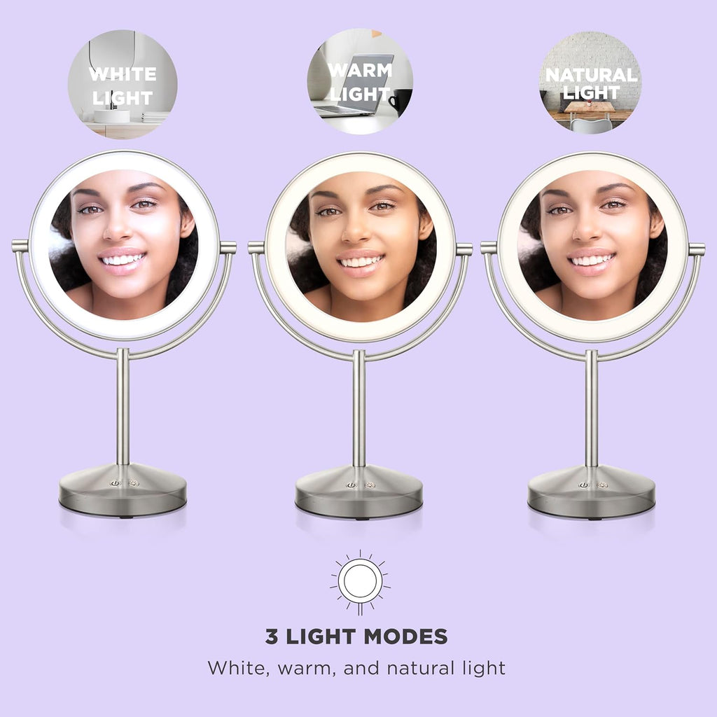 Lighted Makeup Mirror, Double-Sided LED Vanity Mirror with 1X/10X Magnification, 3 Light Settings, 3 Modes, 360°
